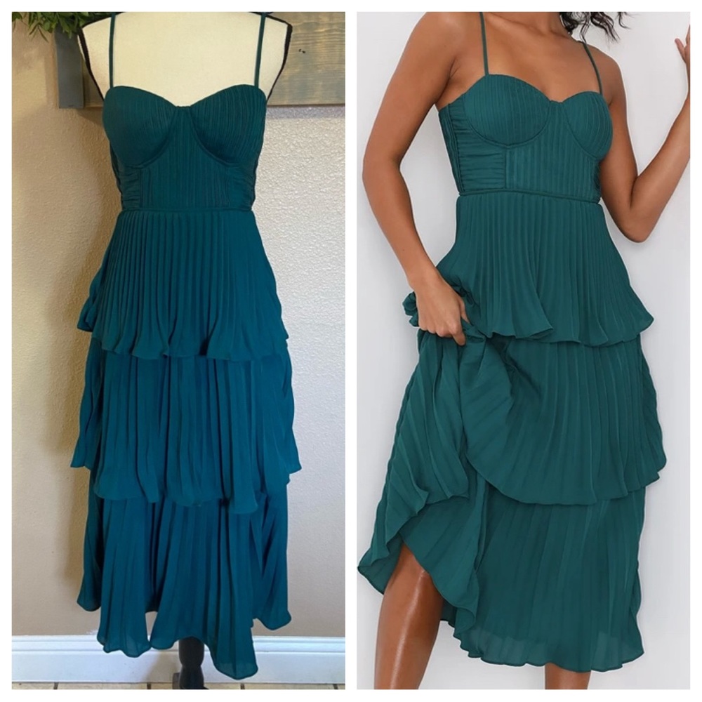 NWOT Lulus Cascading Crush Emerald Green Tiered Bustier Midi Dress